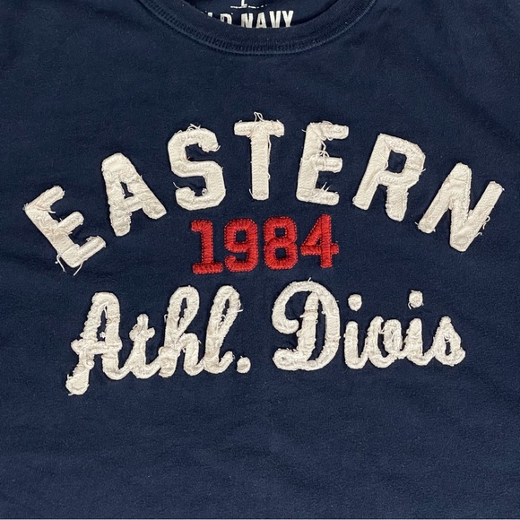 Old Navy size large navy blue long sleeve tshirt stitched writing EUC - Picture 2 of 7